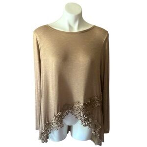 Christian Calendo Women’s Tan Long Sleeve High Low Blouse With Lace Trim Medium